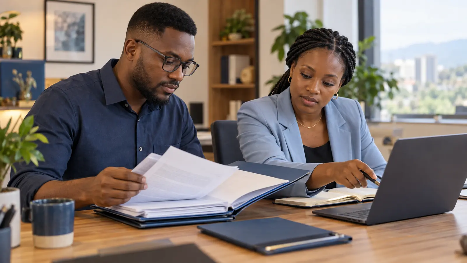 Two colleagues reviewing documents beside a laptop