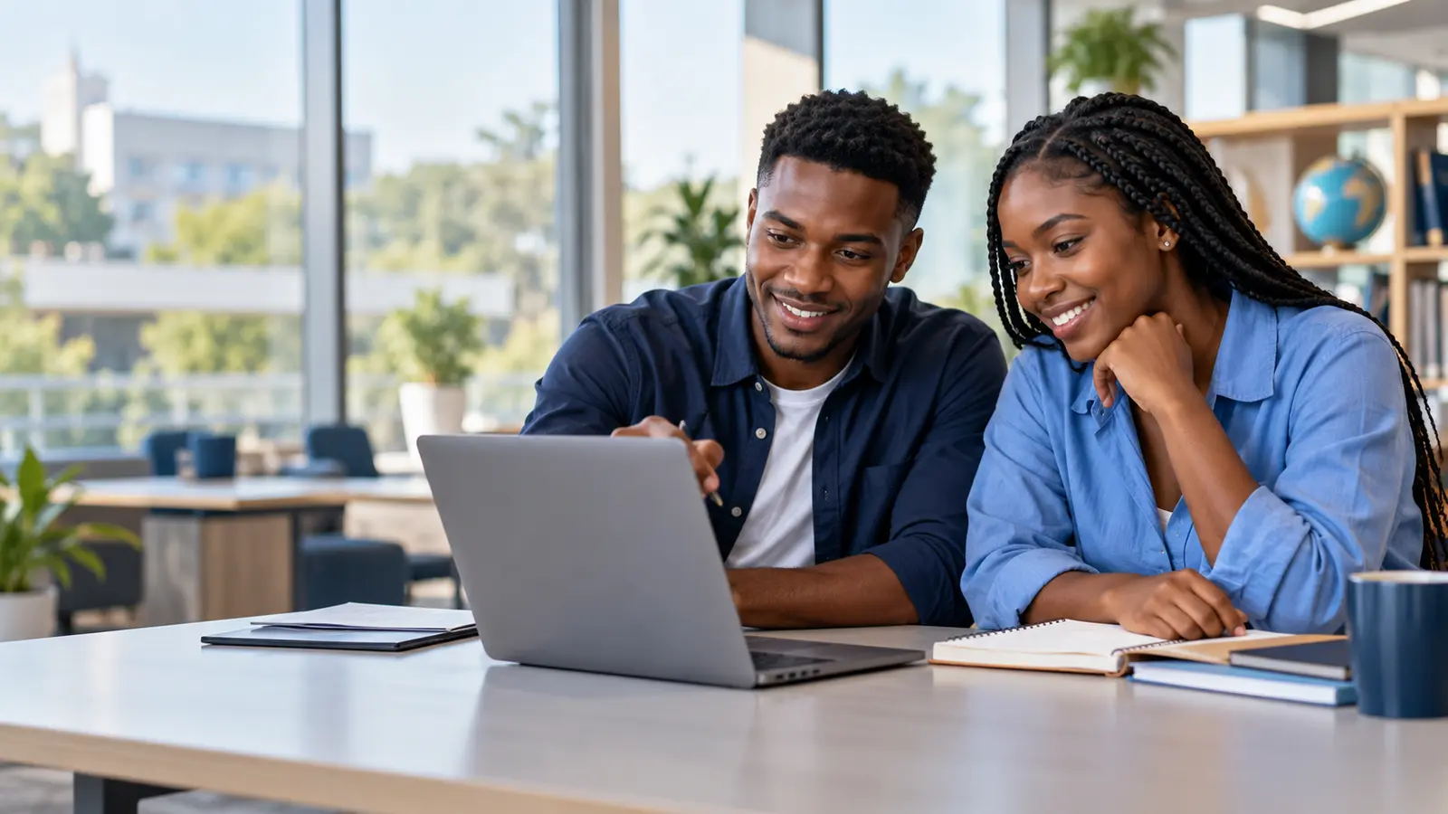 Two students reviewing study options together on a laptop