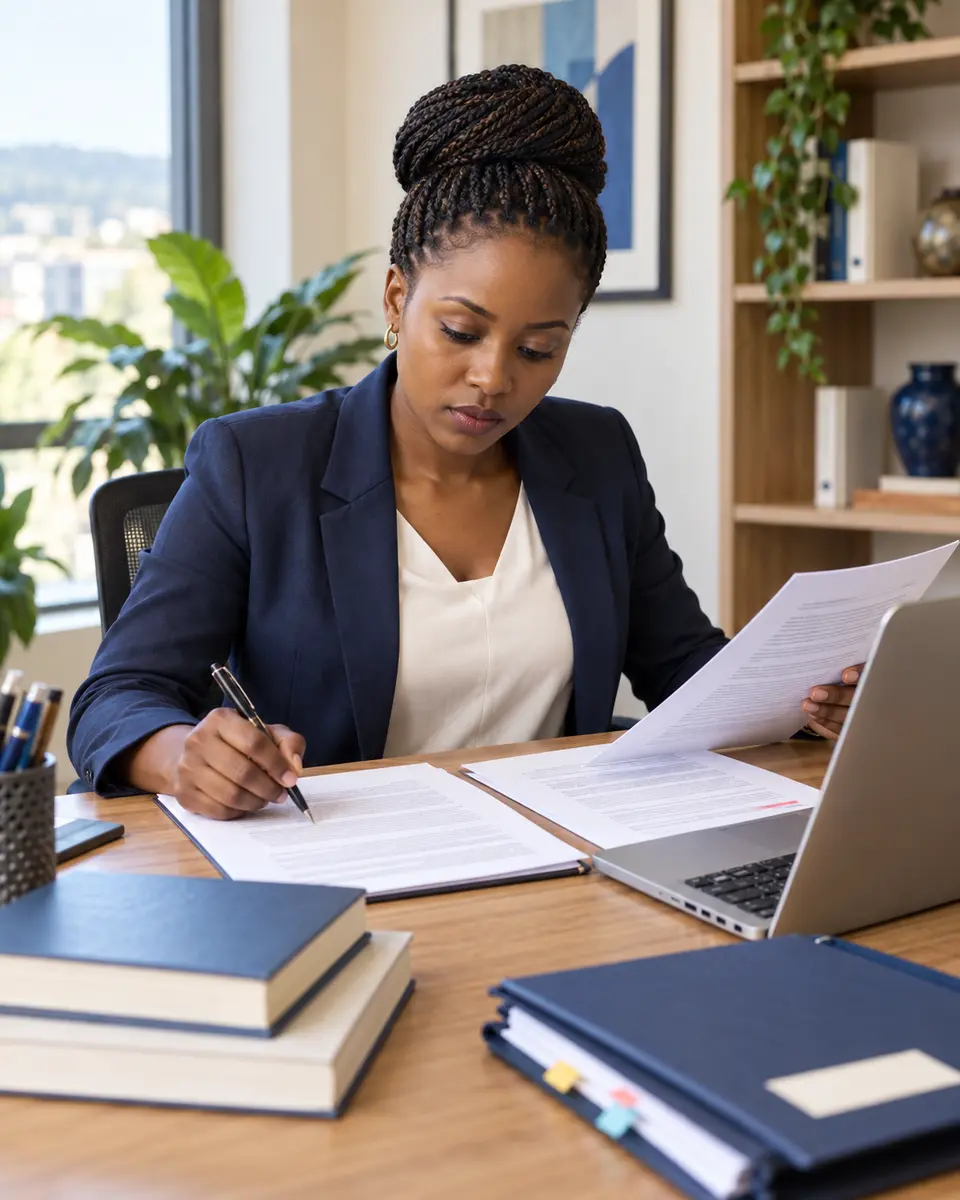 Ngaija language specialist reviewing academic documents beside a laptop