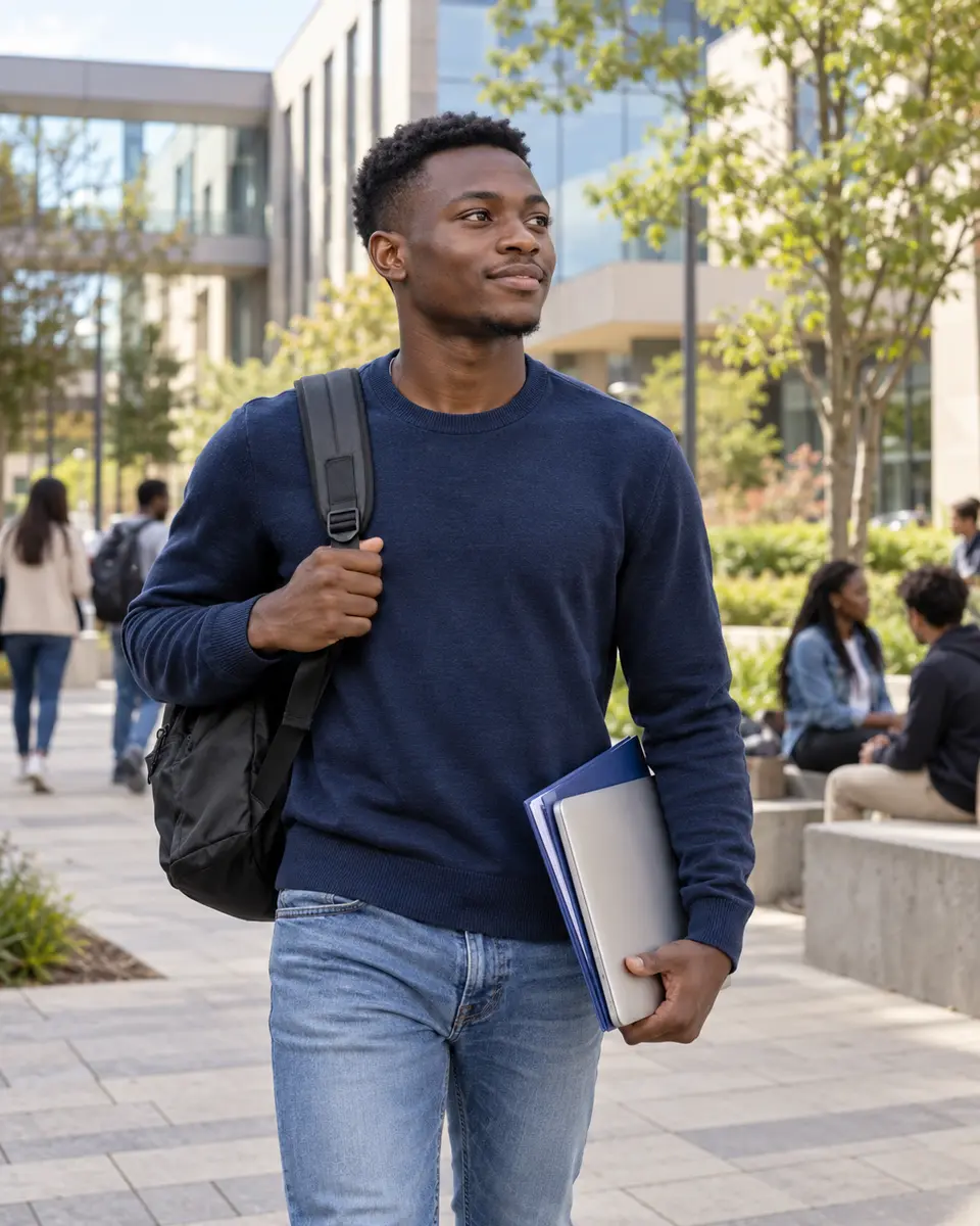 African student carrying application documents on a university campus