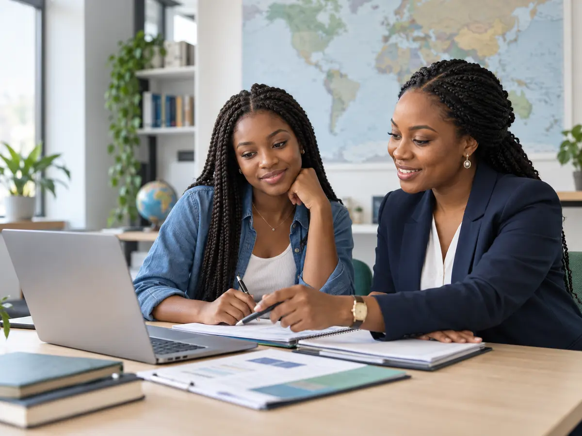African student reviewing an international study plan with a Ngaija advisor